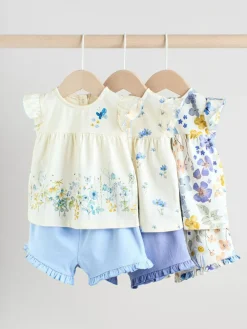 Next Blue/White Floral Baby Frill T-Shirt and Shorts Set 6 Piece (0mths-2yrs)^ Shorts|Tops
