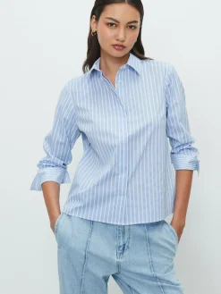 Next Blue/White Stripe Fitted Stretch Essential Long Sleeve Shirt^Women Blouses & Shirts