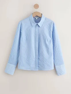 Next Blue/White Stripe Fitted Stretch Essential Long Sleeve Shirt^Women Blouses & Shirts