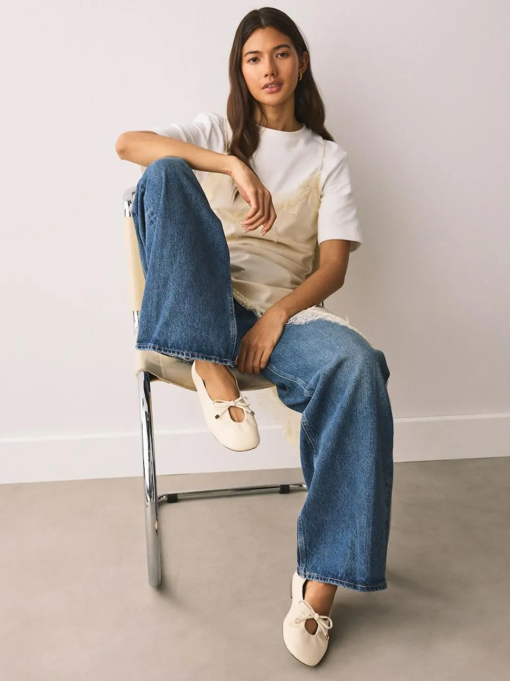 Next Forever Comfort® Tie Up Round Toe Ballet Flats Bone