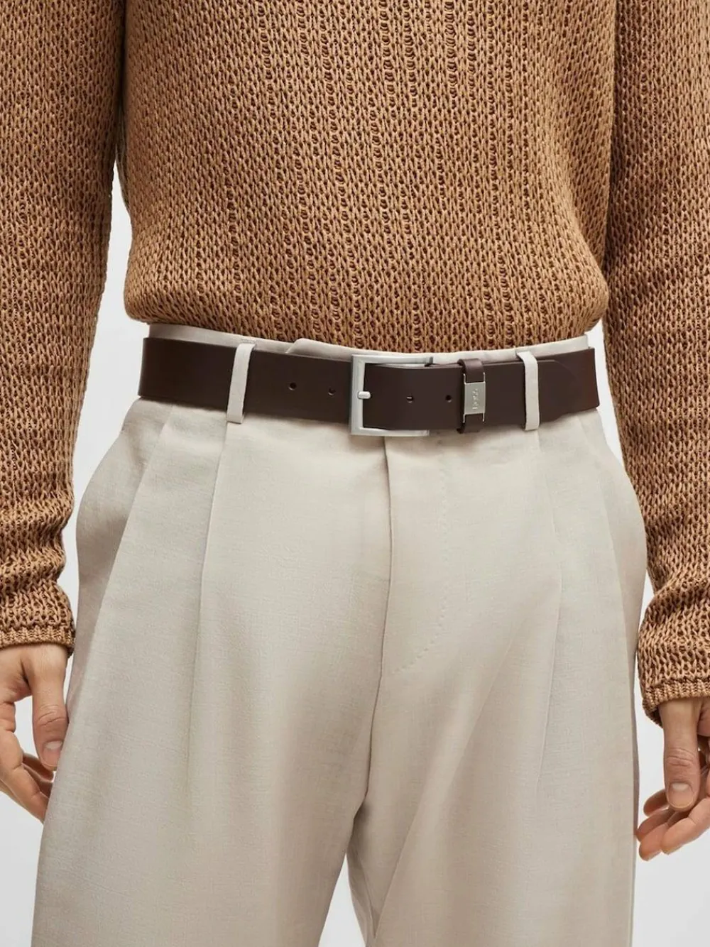 Best BOSS Brushed Metal Leather Belt Brown