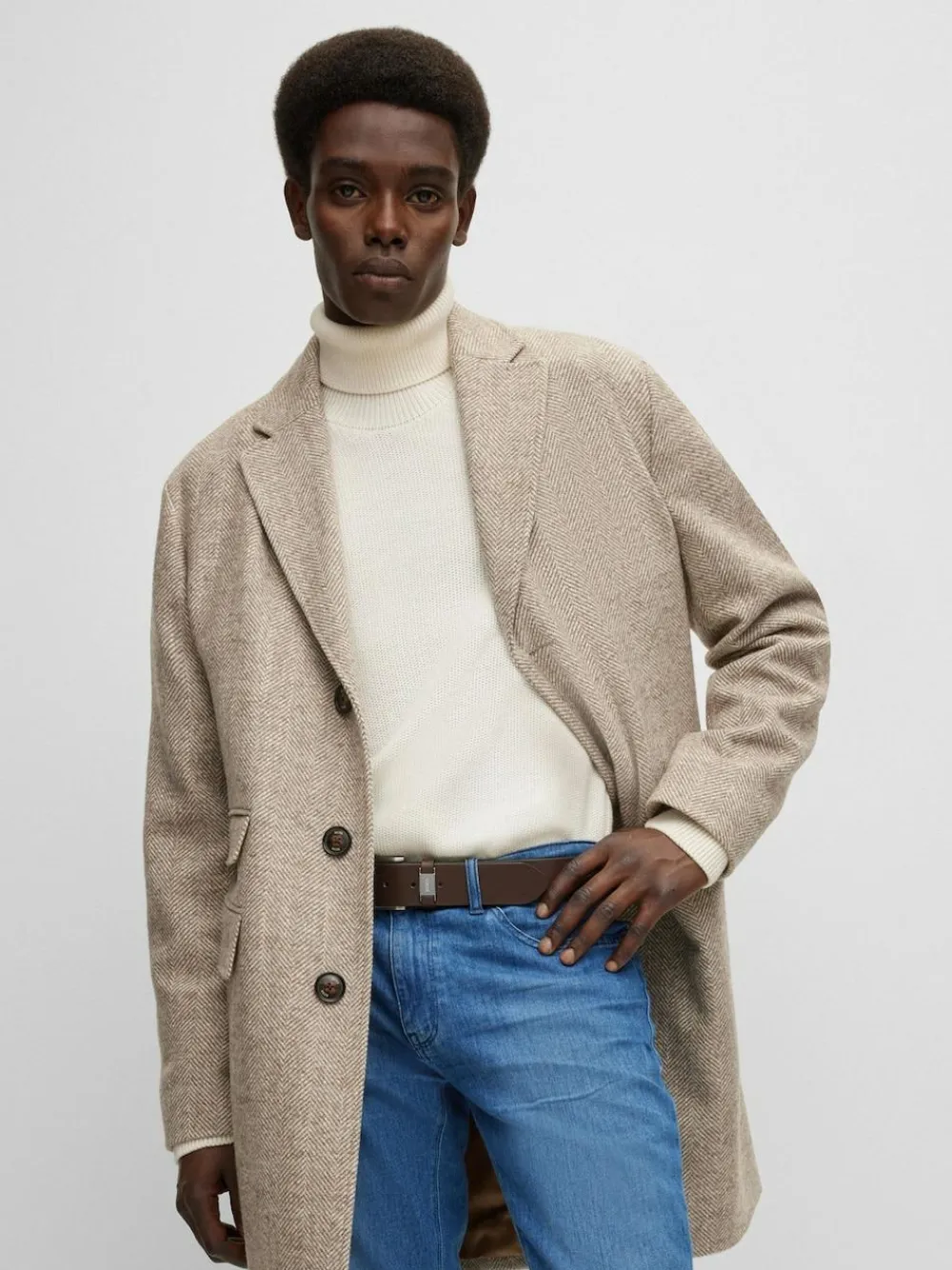 Best BOSS Brushed Metal Leather Belt Brown