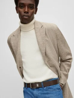 Best BOSS Brushed Metal Leather Belt Brown