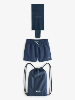 BOSS Navy Swim Shorts, Bag, Towel Beach Gift Set^ Swimwear