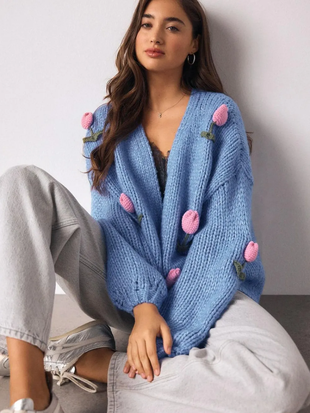 Next Bright Blue 3D Tulip Soft Touch Chunky Knit Cardigan^Women Knitwear|Knitwear