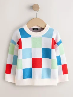 Next Bright Checkerboard Knitted Crew Neck Jumper (3mths-7yrs)^ Knitwear|Knitwear