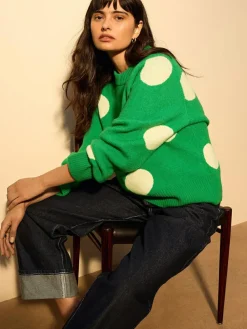Next Bright Green Spot Crew Neck Knitted Jumper with Wool^Women Knitwear|Knitwear