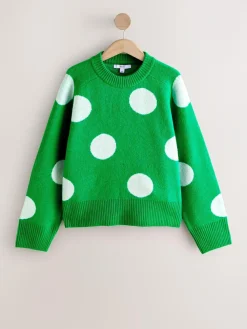 Next Bright Green Spot Crew Neck Knitted Jumper with Wool^Women Knitwear|Knitwear