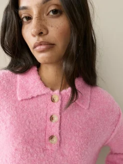 Next Boucle Long Sleeve Polo Jumper Bright Pink