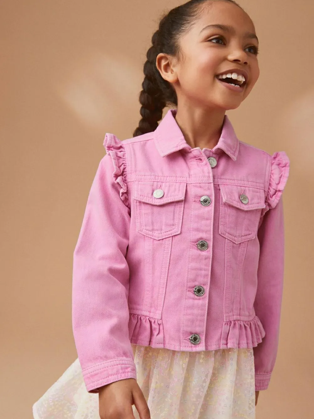 Sale Next Frill Shoulder Denim Jacket (3-16yrs) Bright Pink