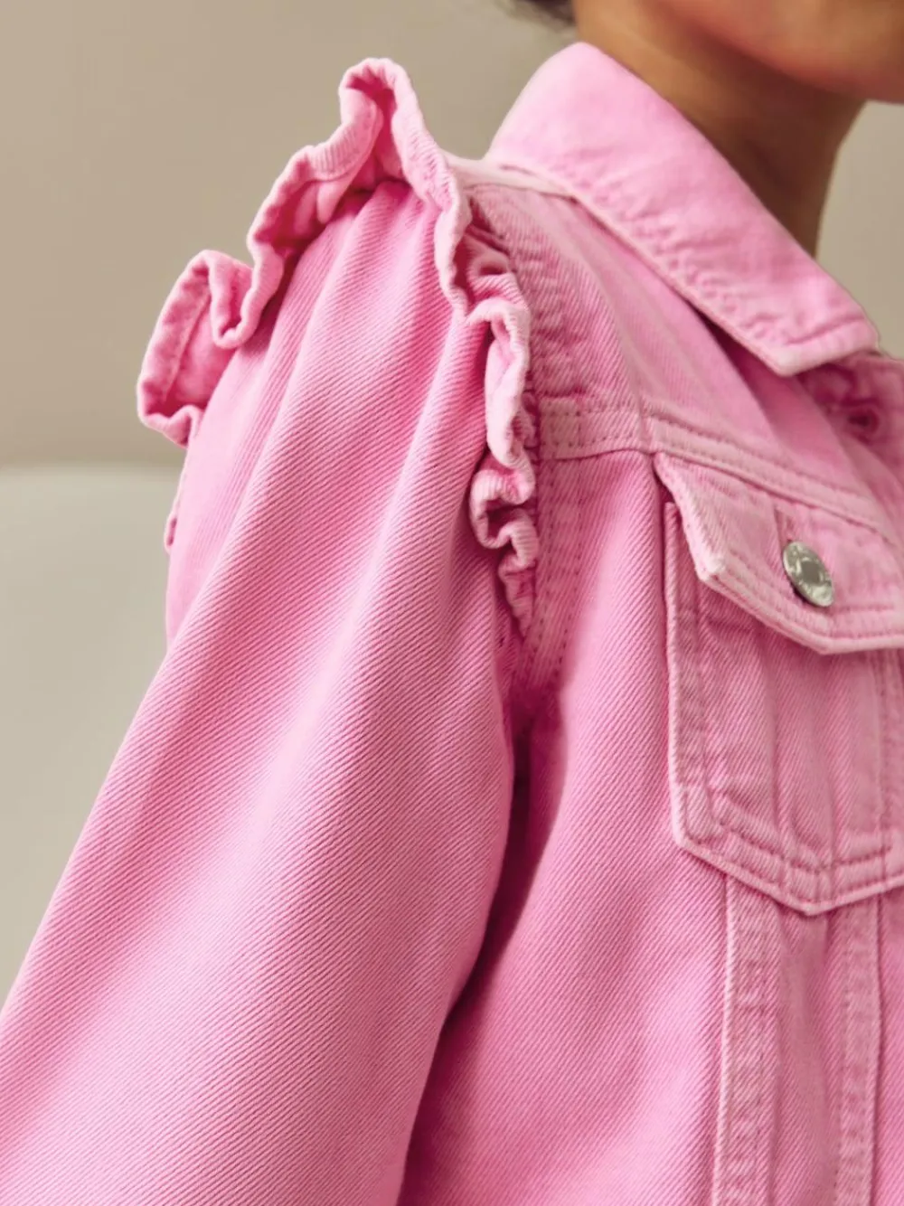 Sale Next Frill Shoulder Denim Jacket (3-16yrs) Bright Pink