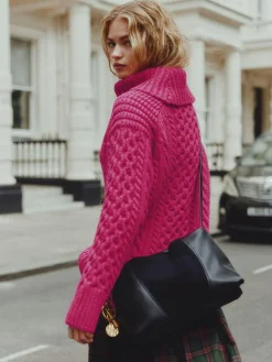 Clearance Next Roll Neck Cable Longline Jumper with Wool Bright Pink