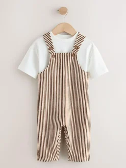 Next Brown and Off White Stripe Dungarees and T-Shirt Set (3mths-7yrs)^BOY Sets & Outfits|Sweatshirts & Hoodies