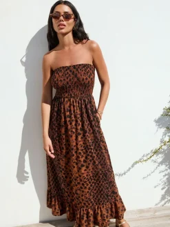 Next Print Bandeau Frill Summer Midi Dress Brown Animal