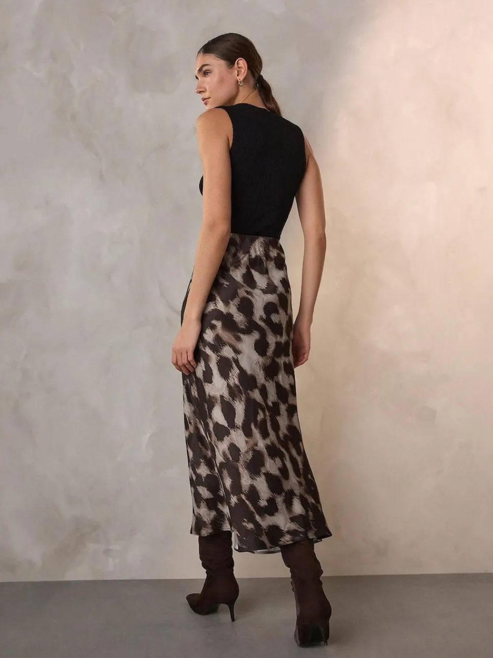 New Next Satin Midi Skirt Brown Animal Print