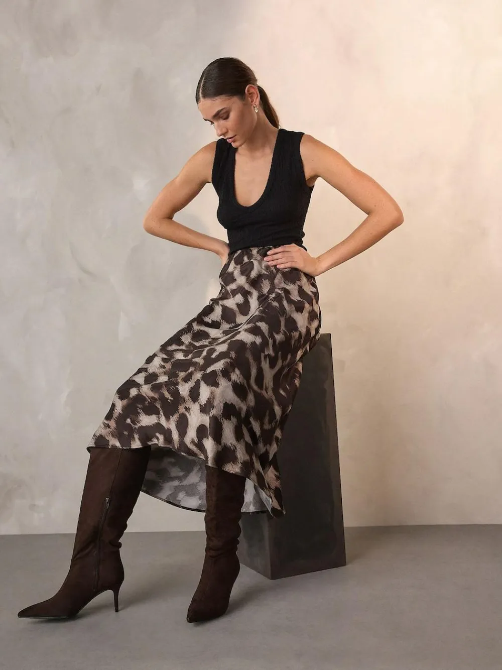 New Next Satin Midi Skirt Brown Animal Print