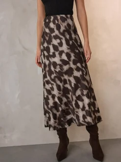 New Next Satin Midi Skirt Brown Animal Print