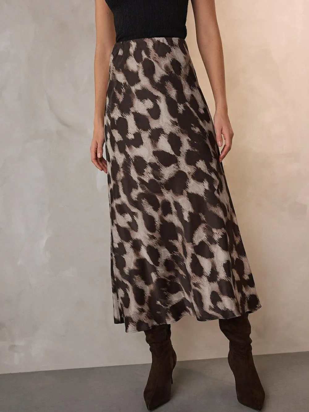 New Next Satin Midi Skirt Brown Animal Print