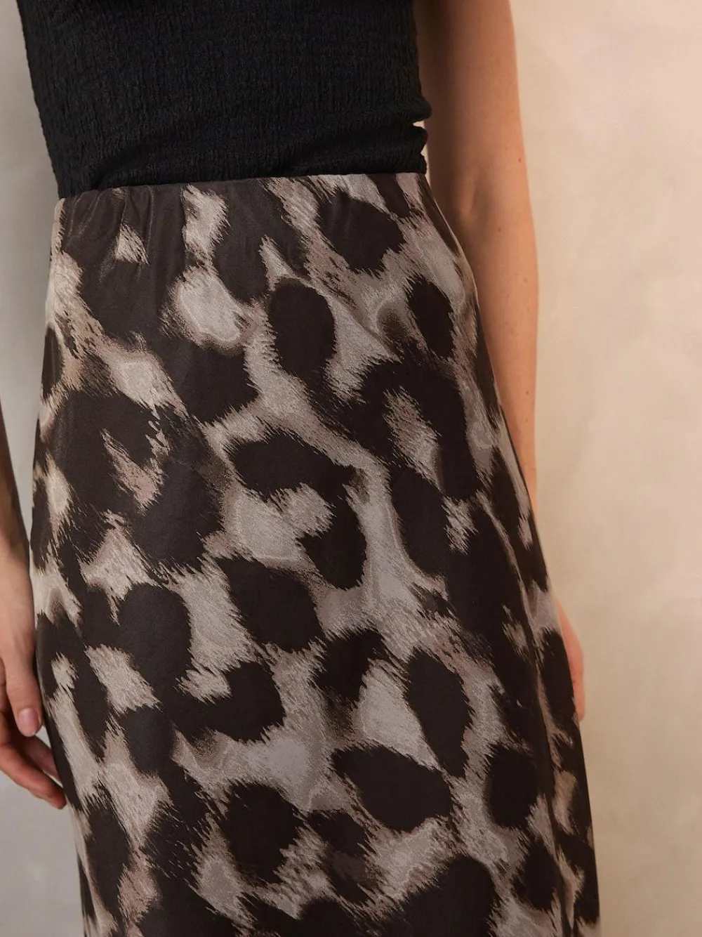 New Next Satin Midi Skirt Brown Animal Print