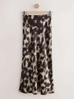 New Next Satin Midi Skirt Brown Animal Print