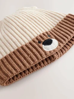 Next Brown Bear Face Ribbed Baby Beanie Hat (0mths-2yrs)^BOY Hats & Scratch Mitts|Newborn Accessories