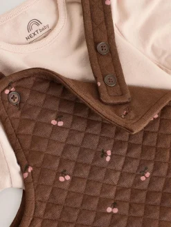 New Next Brown Cherry Quilted Dungaree and Bodysuit Baby 2 Piece Set (0mths-3yrs)