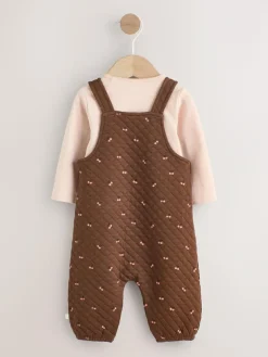 New Next Brown Cherry Quilted Dungaree and Bodysuit Baby 2 Piece Set (0mths-3yrs)