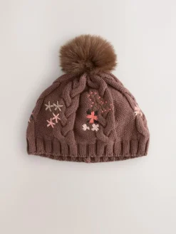 Next Brown Floral Embroidered Pom Baby Beanie Hat (0mths-2yrs)^ Hats & Scratch Mitts|Newborn Accessories