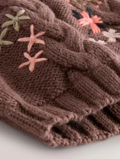 Next Brown Floral Embroidered Pom Baby Beanie Hat (0mths-2yrs)^ Hats & Scratch Mitts|Newborn Accessories