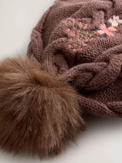 Next Brown Floral Embroidered Pom Baby Beanie Hat (0mths-2yrs)^ Hats & Scratch Mitts|Newborn Accessories