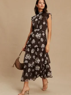 Outlet Next Printed High Neck Tiered Occasion Maxi Dress Brown Floral
