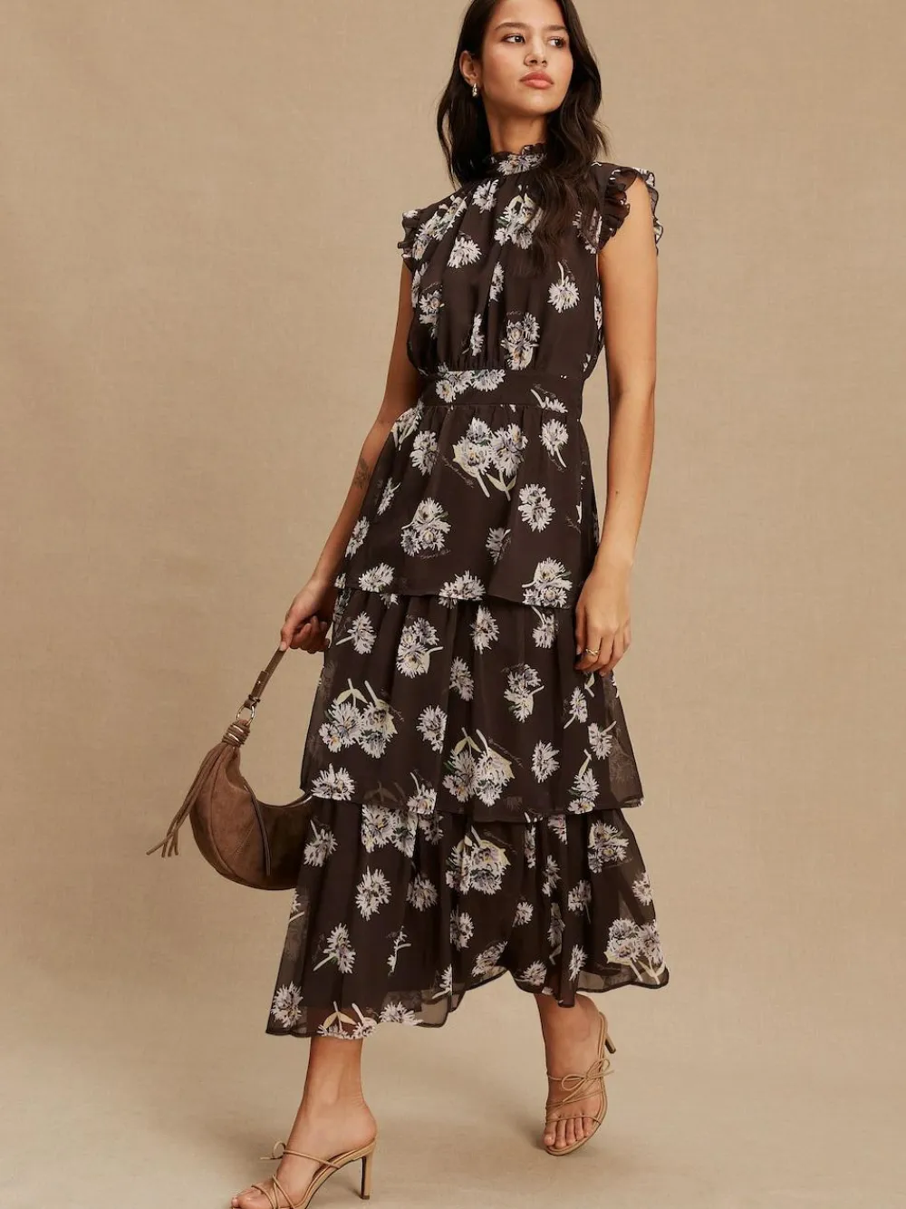 Outlet Next Printed High Neck Tiered Occasion Maxi Dress Brown Floral