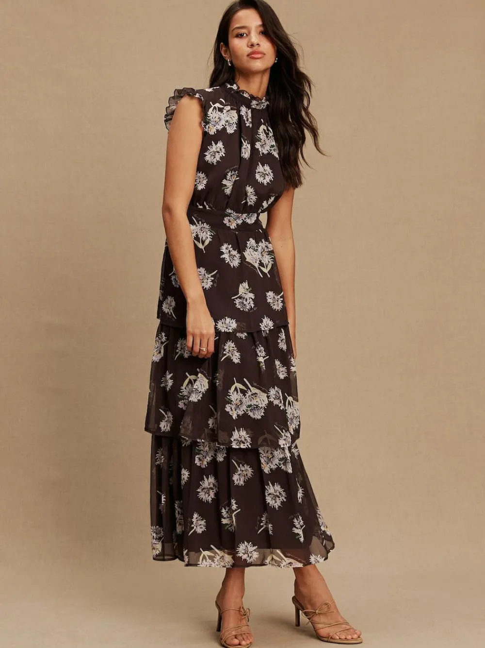 Outlet Next Printed High Neck Tiered Occasion Maxi Dress Brown Floral