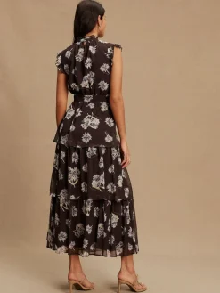 Outlet Next Printed High Neck Tiered Occasion Maxi Dress Brown Floral