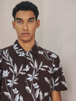 Online Next Brown Linen Tencel Blend Floral Print Short Sleeve Shirt