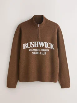 Next Brown N.Premium Mid-Weight Bushwick Graphic Zip Neck Jumper^ Loungewear
