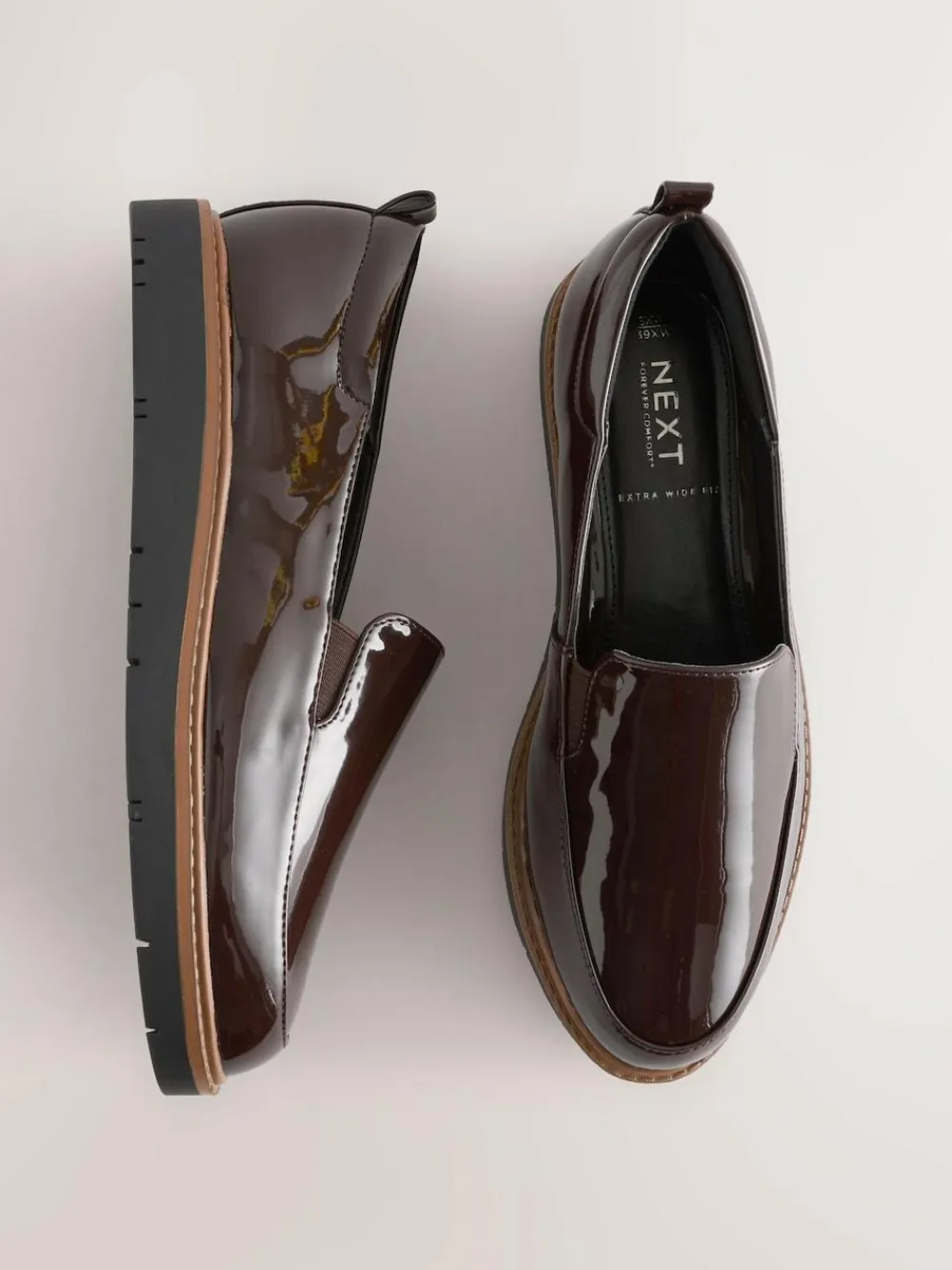 Next Brown Patent Extra Wide Fit Forever Comfort® Slip On Clean Chunky Sole Loafers