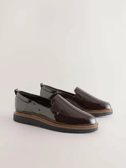 Next Brown Patent Extra Wide Fit Forever Comfort® Slip On Clean Chunky Sole Loafers