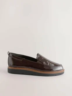 Next Brown Patent Extra Wide Fit Forever Comfort® Slip On Clean Chunky Sole Loafers