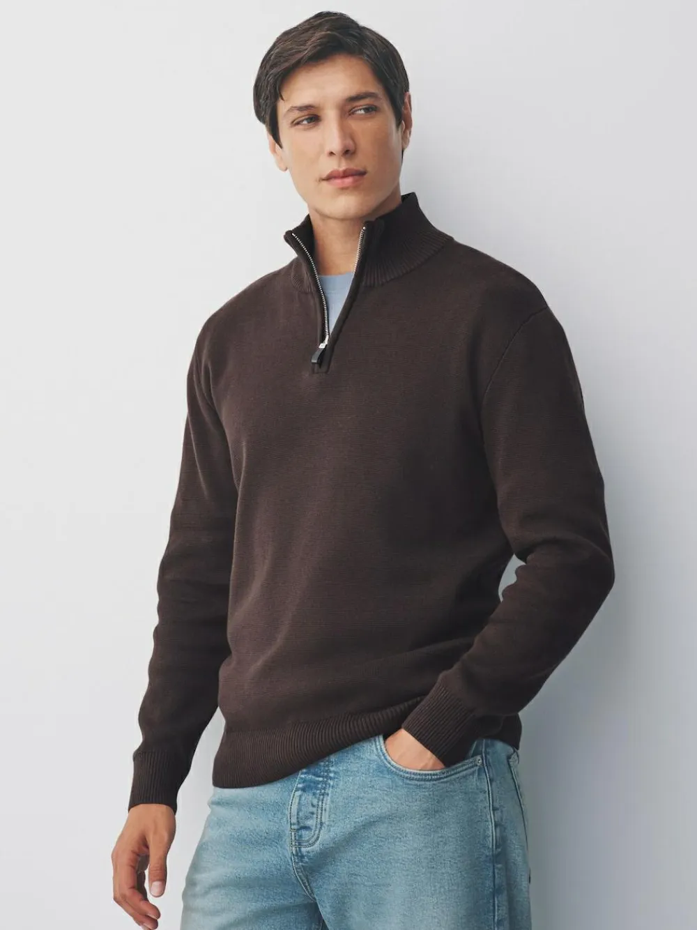New Next Brown Plain N.Premium Regular Fit 100% Cotton Premium Quarter Zip Jumper