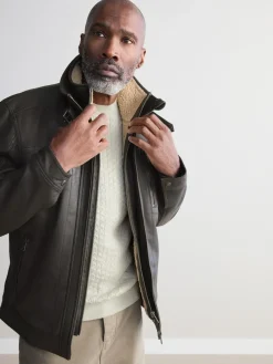 New Next Signature Four Pocket Borg Lined Leather Jacket Brown