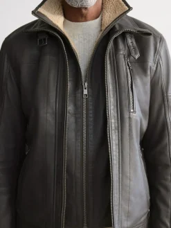 New Next Signature Four Pocket Borg Lined Leather Jacket Brown