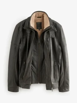 New Next Signature Four Pocket Borg Lined Leather Jacket Brown