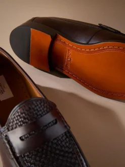 Next Brown Signature Leather Sole Woven Loafers^ Shoes