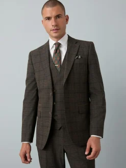 Online Next Brown Slim Fit Trimmed Check Suit Jacket
