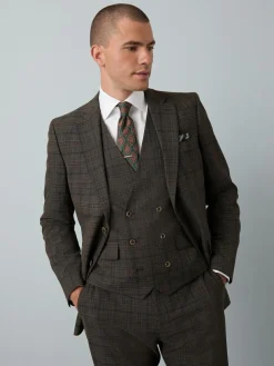 Online Next Brown Slim Fit Trimmed Check Suit Jacket