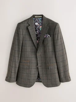 Online Next Brown Slim Fit Trimmed Check Suit Jacket