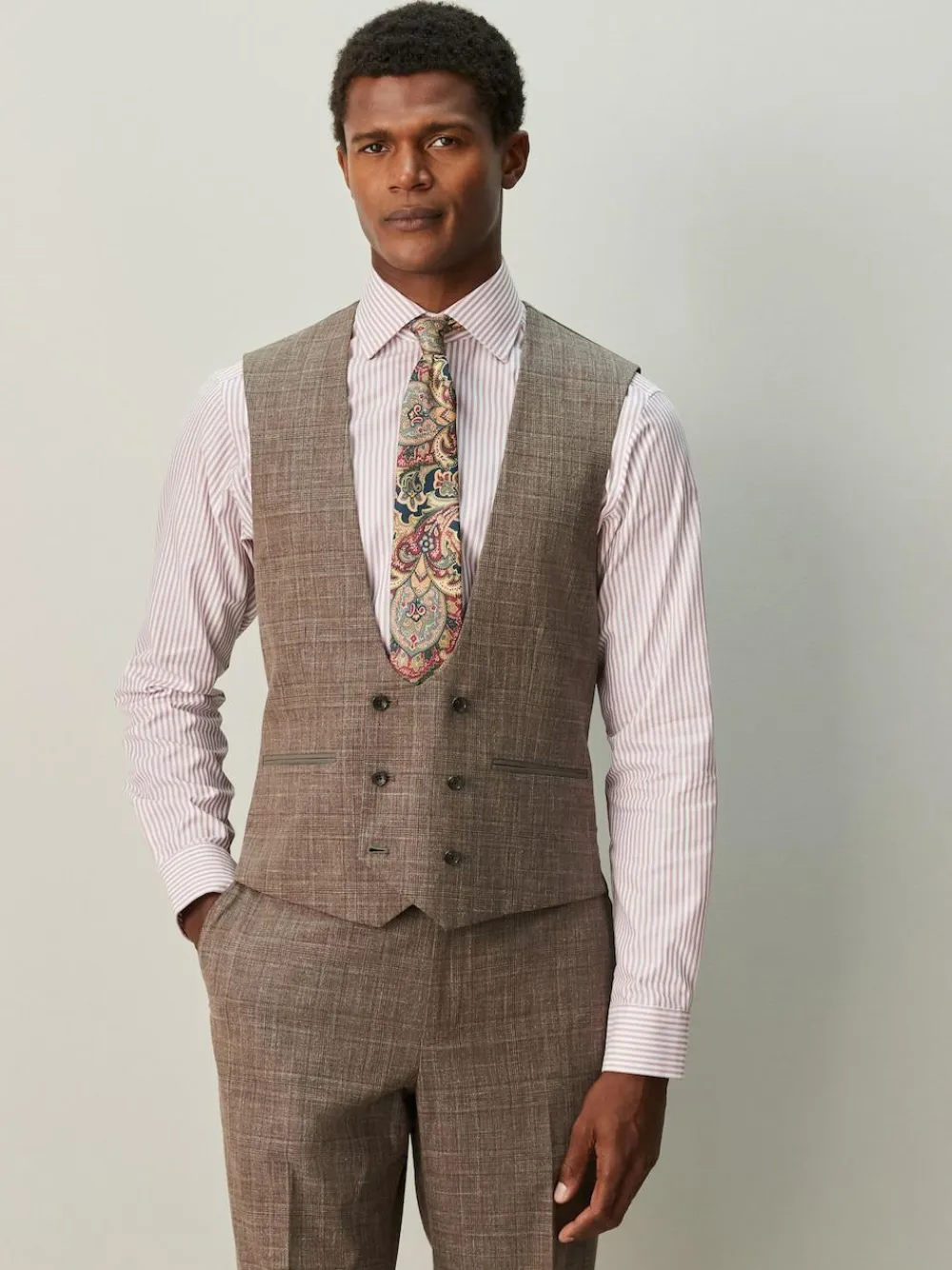 Clearance Next Trimmed Check Suit Waistcoat Brown