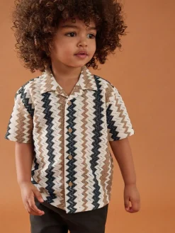 New Next Short Sleeves Textured Shirt (3mths-7yrs) Brown Zig Zag Stripe
