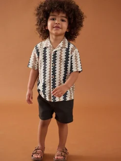 New Next Short Sleeves Textured Shirt (3mths-7yrs) Brown Zig Zag Stripe